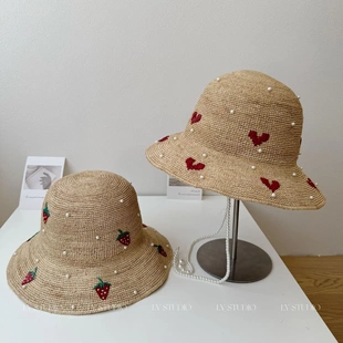 天然拉菲草编遮阳法式优雅名媛风渔夫帽可折叠海边度假大檐防晒帽