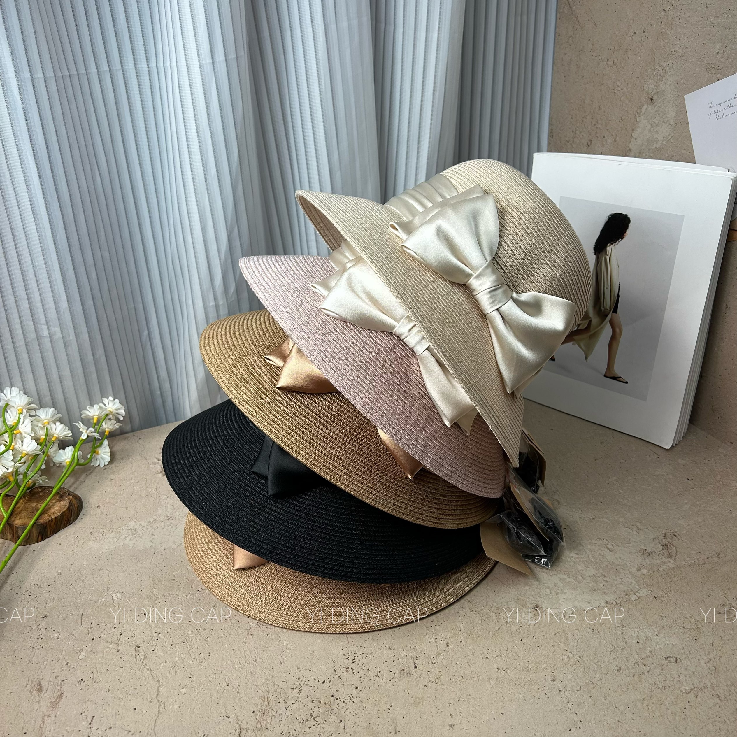 夏季仿麻蝴蝶结渔夫帽女遮阳