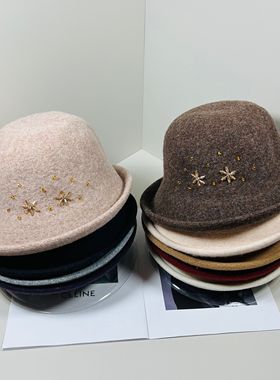 2025秋冬新款卷边羊绒混纺渔夫帽女星星镶钻装饰盆帽时尚百搭保暖