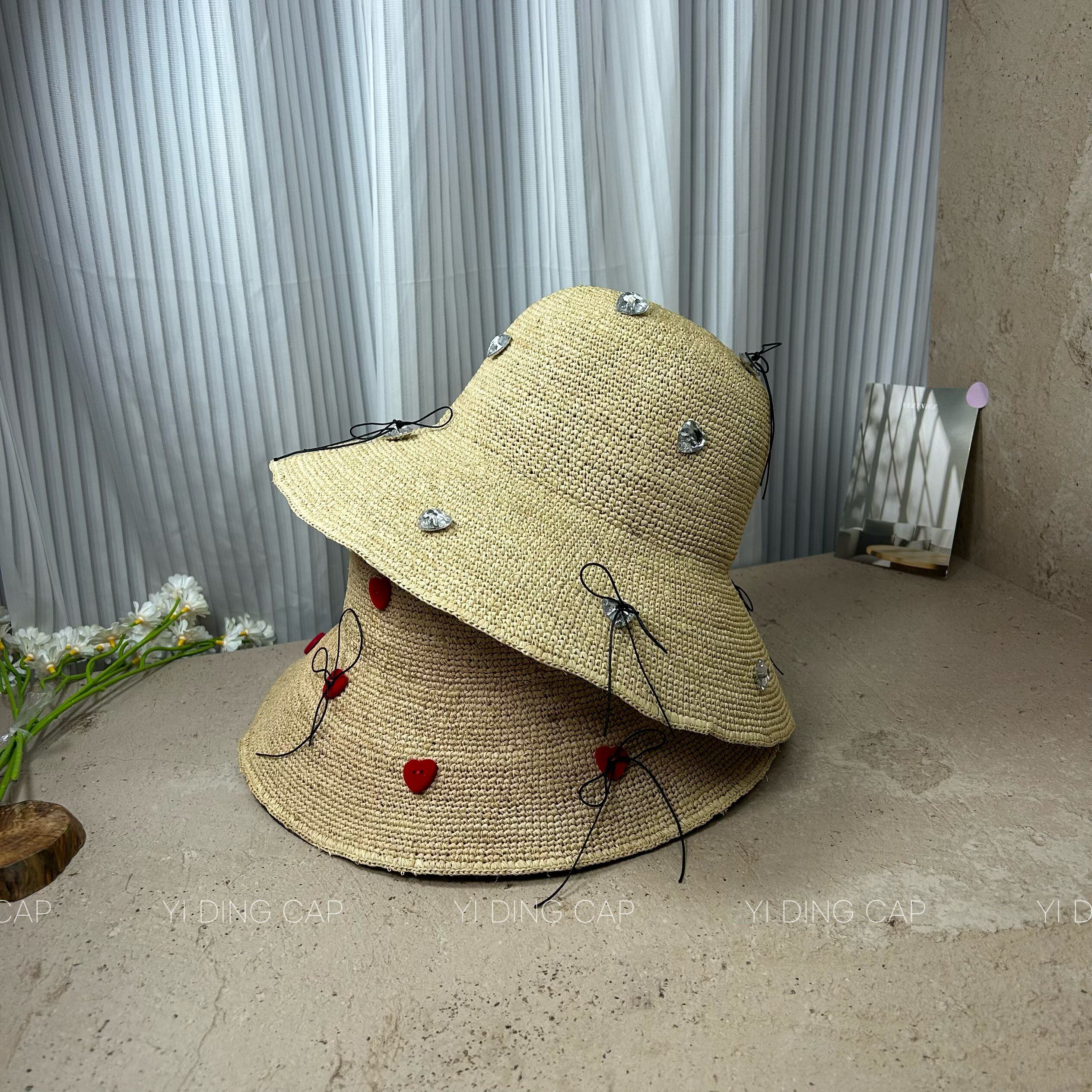 夏季防晒拉菲草水钻爱心渔夫帽