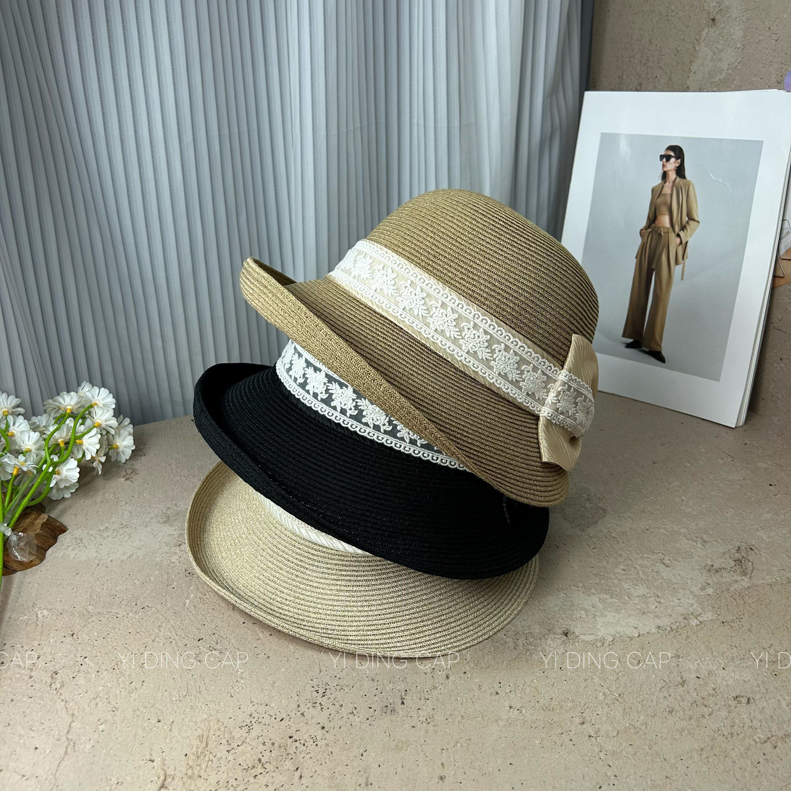 夏季防晒仿麻绣花女渔夫帽