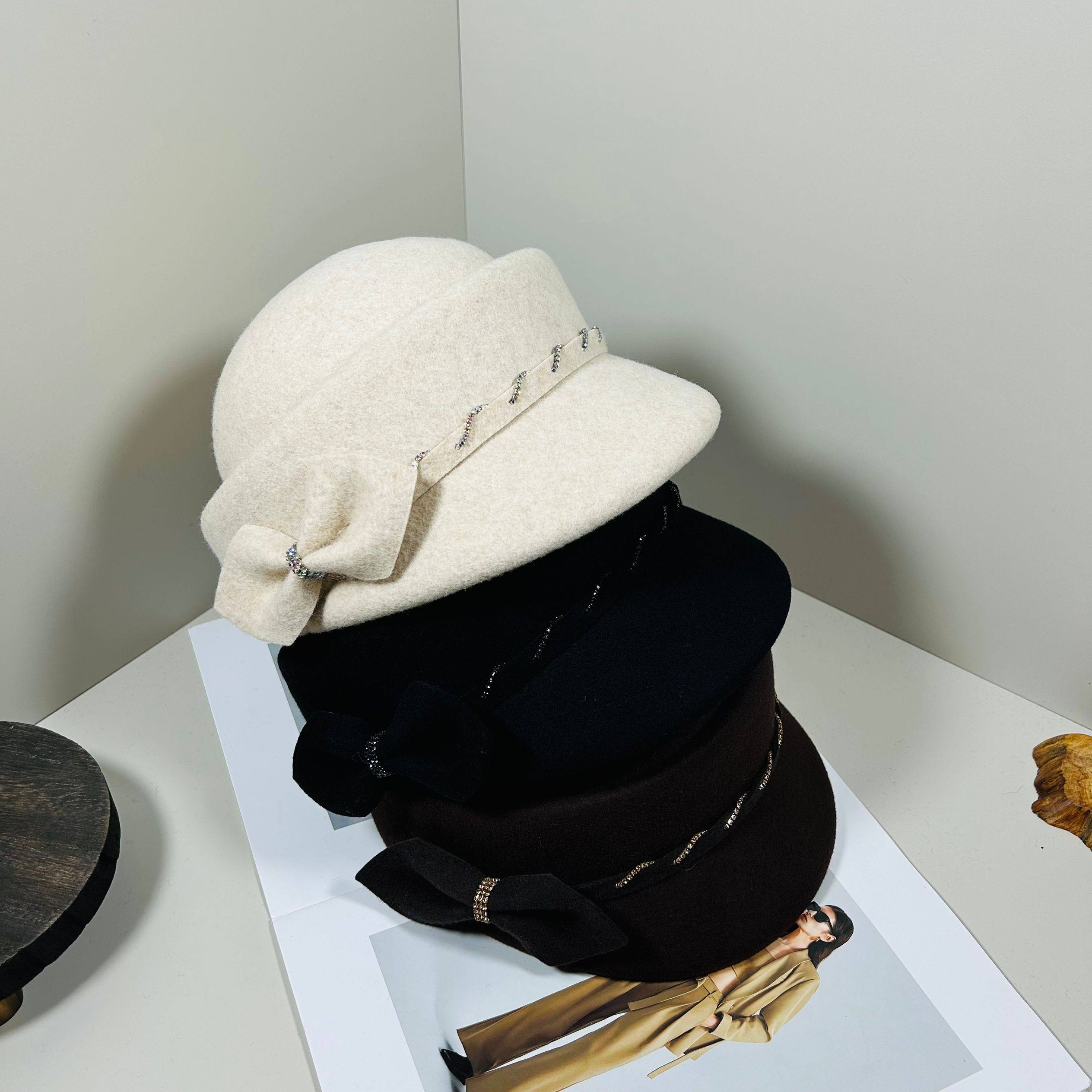 新款秋冬英伦复古蝴蝶结装饰优雅羊毛帽日系百搭气质淑女风鸭舌帽