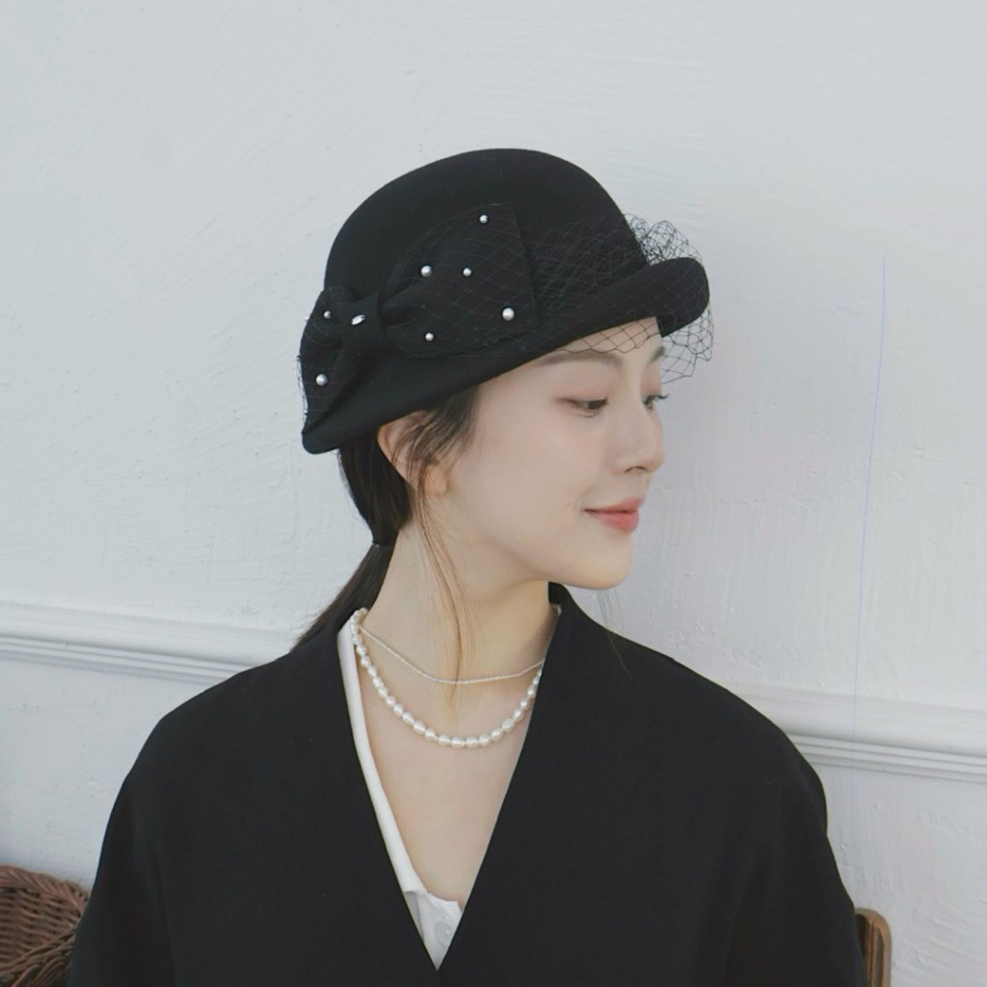 双层澳洲羊毛蕾丝蝴蝶结渔夫帽