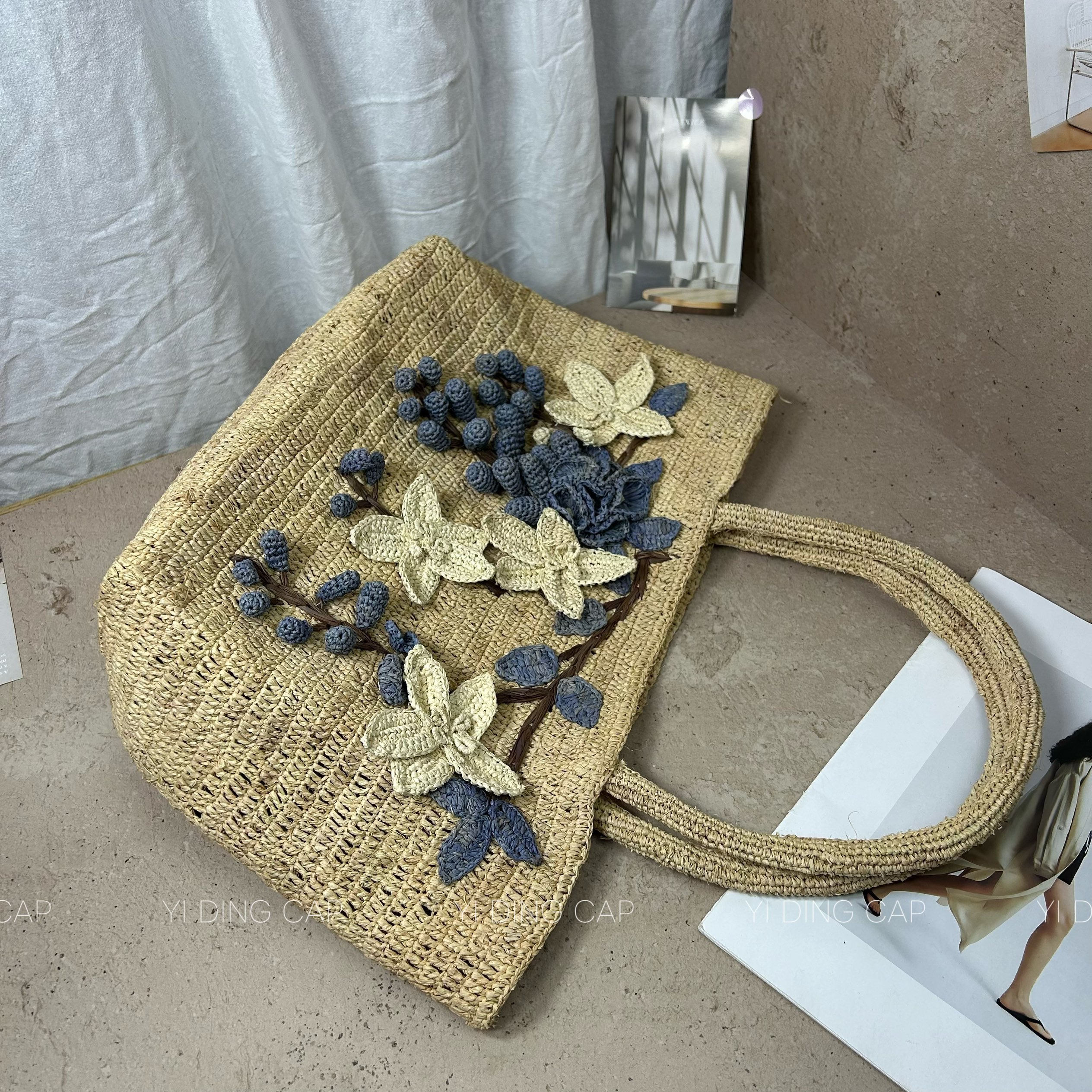 马达加斯加拉菲草钩针花朵托特包