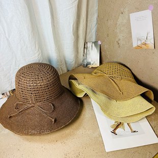 高品质手工钩针纸草编织大檐渔夫帽女遮阳防晒显脸小草帽沙滩盆帽