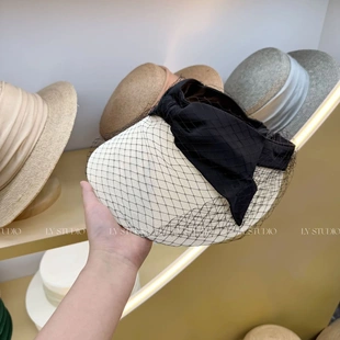 和纸空顶帽女网纱蝴蝶结显脸小遮阳帽大檐防紫外线无顶太阳帽子潮
