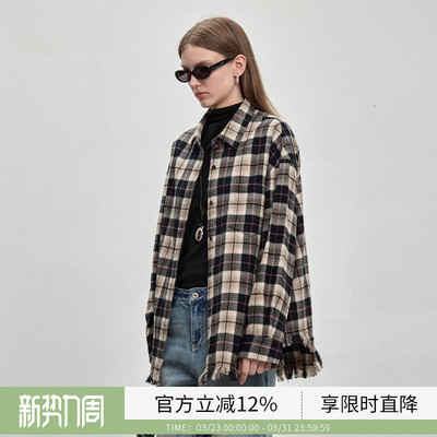 BLUEWEDIAN春秋季宽松毛边黑白格纹翻领衬衫上衣外套女