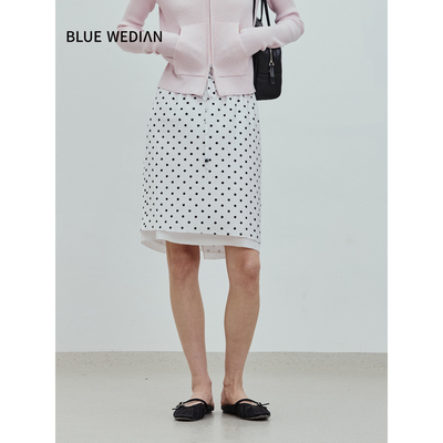BLUEWEDIAN2026春季新品假两件复古双层波点提花半身裙中长裙显瘦
