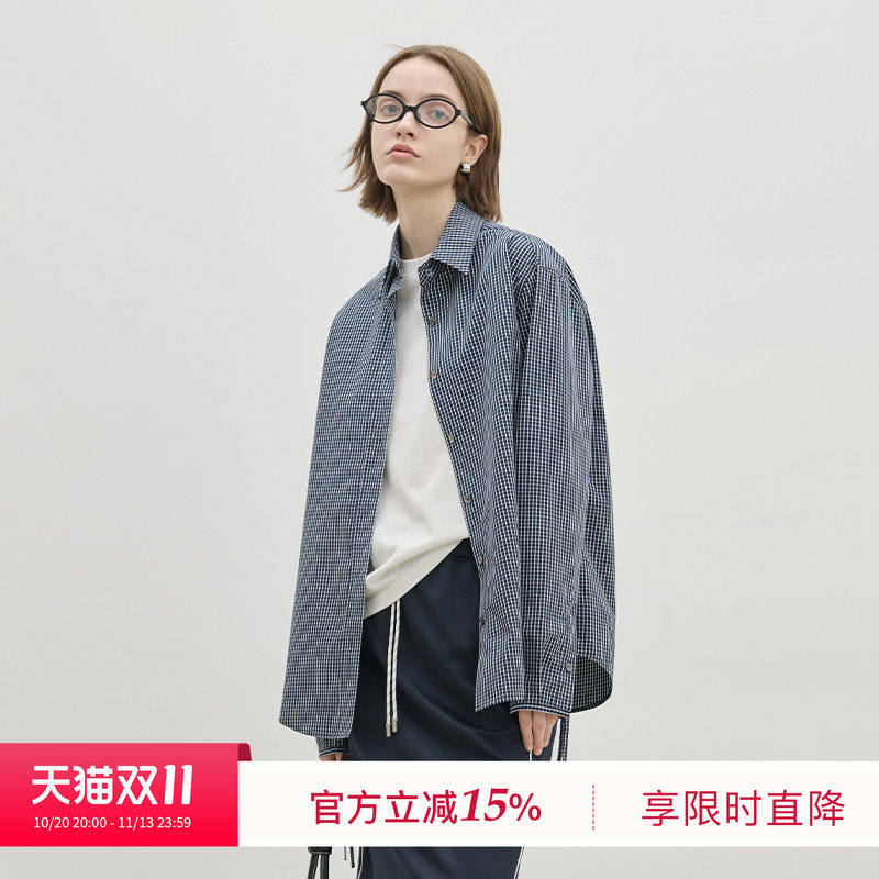BLUEWEDIAN春秋侧衩抽绳小格纹衬衫女 棉miu风宽松衬衣上衣