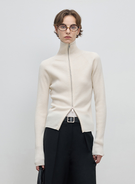 BLUEWEDIAN全羊毛立领拉链毛衣女短款修身秋冬内搭设计感针织衫