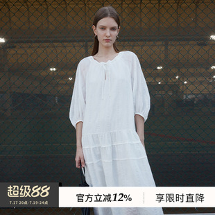 BLUEWEDIAN七分灯笼袖系带圆领连衣裙女时尚格纹薄款裙子
