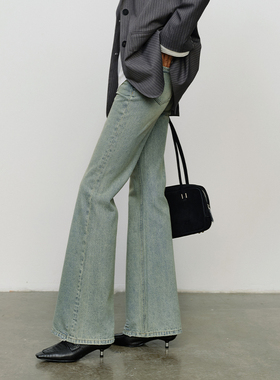 BLUEWEDIAN美式复古水洗微喇叭牛仔裤春季显瘦做旧裤子女士