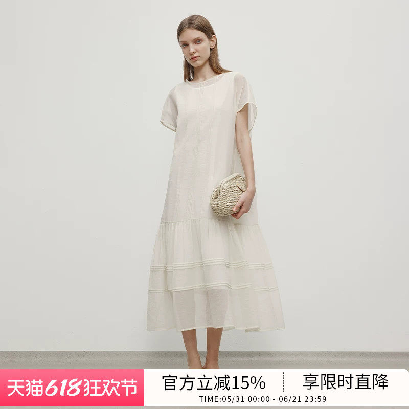 BLUEWEDIAN夏季新品真两件圆领连衣裙女 重工层叠浪漫塔克薄纱裙