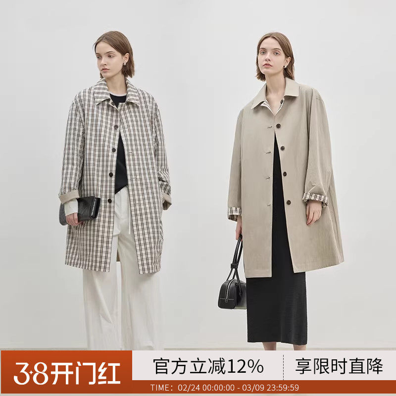 BLUEWEDIAN2025春秋正反双色两穿廓形中长款风衣女 格纹翻领外套