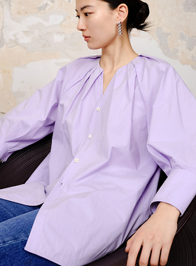 BLUEWEDIAN法式V领设计感白衬衫女夏七分袖褶皱慵懒衬衣