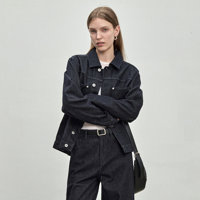 BLUEWEDIAN时尚复古修身翻领短款原牛外套夹克上衣女