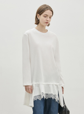 BLUEWEDIAN不对称蕾丝下摆圆领纯棉T恤女 中长款宽松上衣