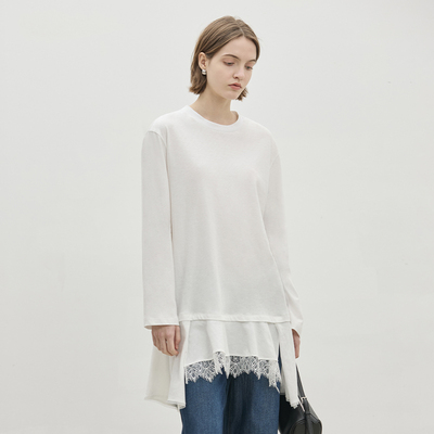 BLUEWEDIAN不对称蕾丝下摆圆领纯棉T恤女 中长款宽松上衣