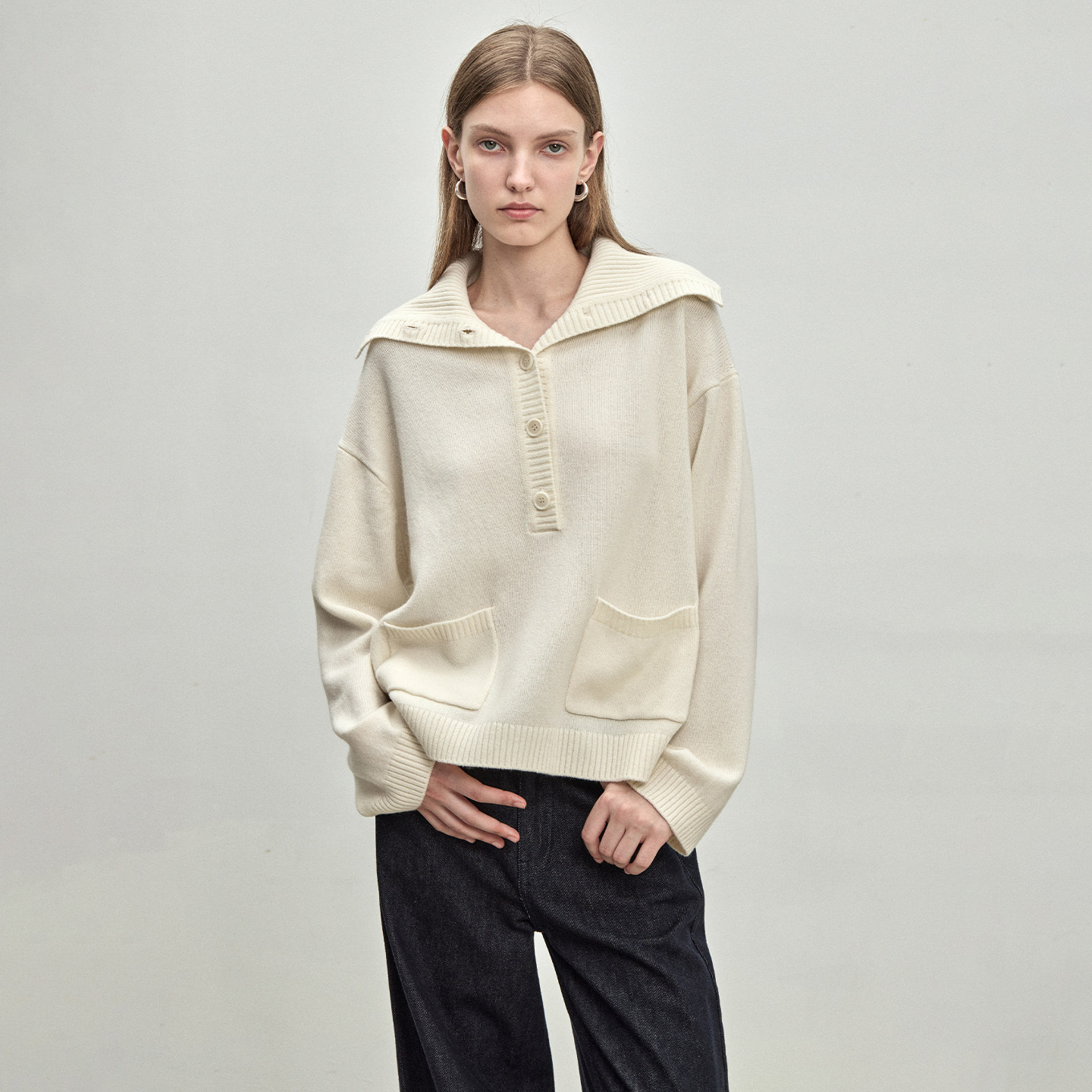 BLUEWEDIAN2025秋季新品时尚静奢26支全羊毛立翻领口袋毛衫上衣