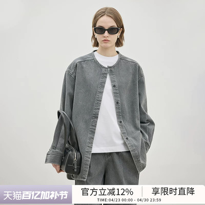 BLUEWEDIAN烟灰色圆领衬衫女宽松廓形牛仔衬衣中长款上衣