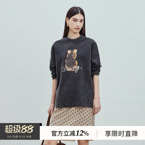 BLUEWEDIAN2026春夏新品时尚小熊印花卫衣圆领卫衣长袖宽松套头衫