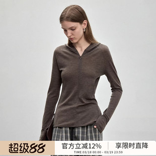 BLUEWEDIAN羊毛连帽拉链修身长袖羊毛针织衫上衣女