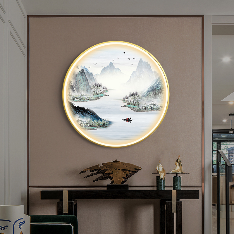 新品新中圆形led装饰画玄关客厅背山景水画餐厅茶室墙禅意发光式