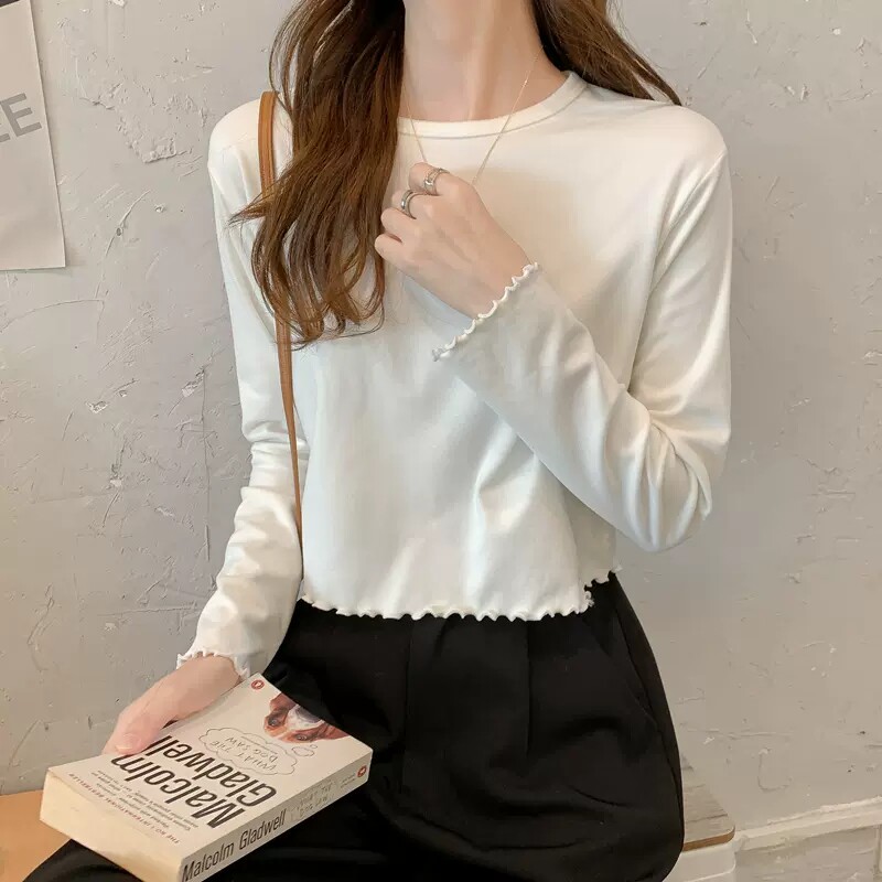 独特设计上衣2026短款小个子长袖女打底衫春秋冬季德绒保暖木耳边