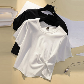 2024夏季新款不规则设计感白色短袖T恤女夏小众褶皱短款上衣ins潮