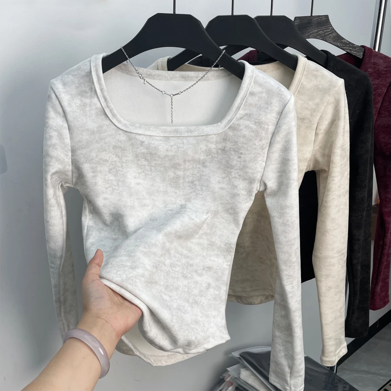 内搭扎染方领德绒保暖打底衫上衣