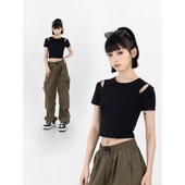 T恤女修身 上衣服ins韩版 夏季 高腰露脐短款 潮 新款 黑色纯棉镂空短袖