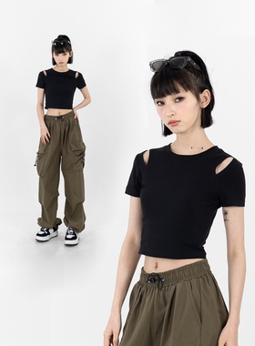 黑色纯棉镂空短袖T恤女修身夏季新款高腰露脐短款上衣服ins韩版潮