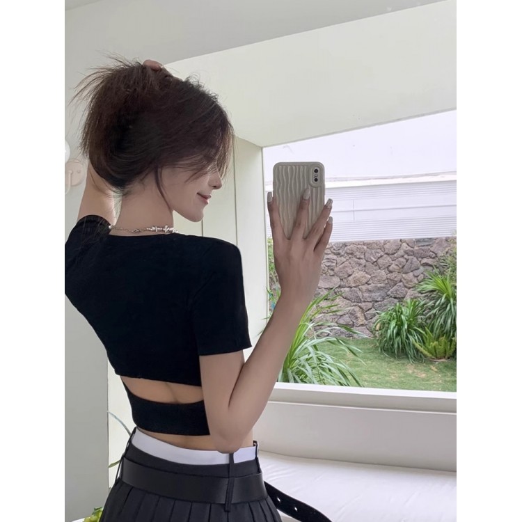 夏季新款小众辣妹镂空纯欲风露脐别致短款短袖T恤女圆领修身上衣