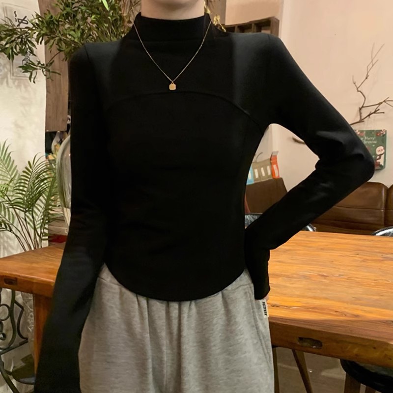 黑色显瘦德绒长袖打底衫秋冬