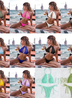 sexy pleate bikini mujer women orange halter neck push up