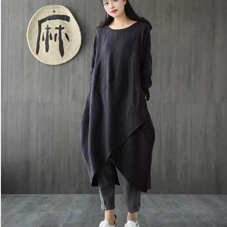 women sping casual dress long sleeves neck slit irregular