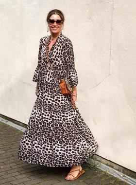 Womens Leopard Print Dress Bohemian Style Maxi Dress