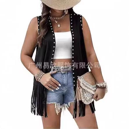 Women's Sleeveless Fringe Jacket Rivet Jacket Coat Size