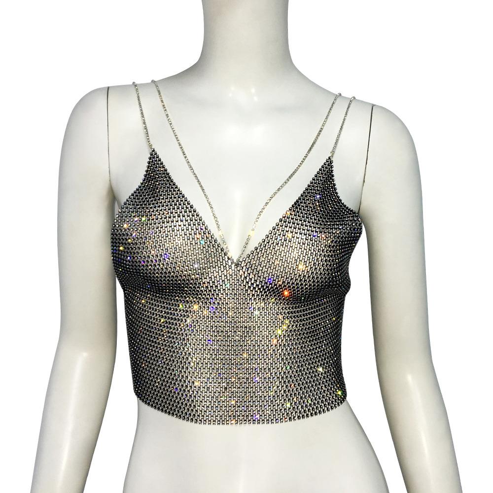 suspenders vest stretch rhinestone fishnet top diamond sexy