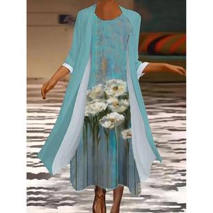 round womens chiffon piece two neck long skirt pocket