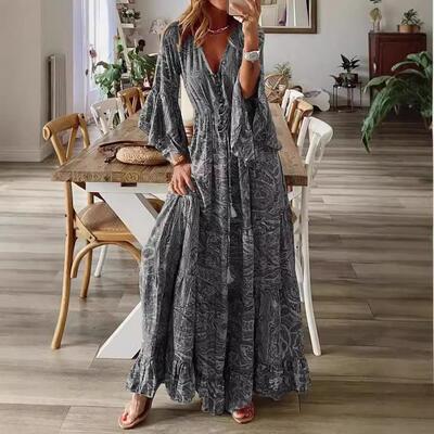 high style dress trumpet V-neck dress long sleeves Bohemian