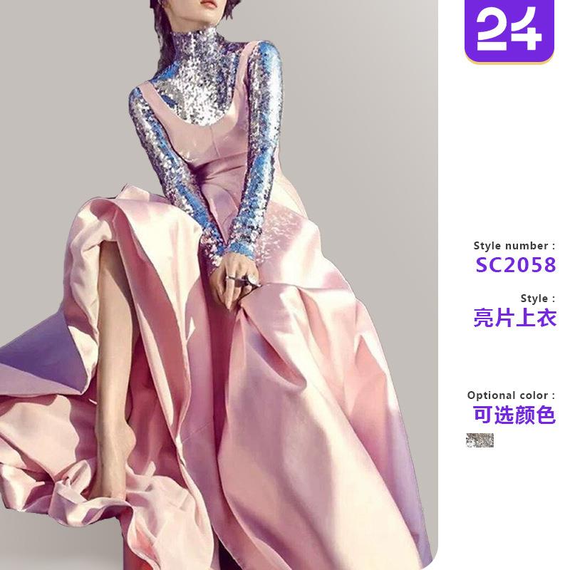 top sleeve long sequin temperament versatile collar high