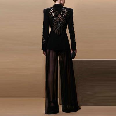 trousers chiffon jacket suit beaded heavy stitching mesh