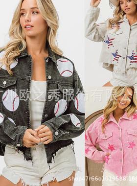 Top Womens Jacket Baseball Corduroy Sequin Coat Jacket