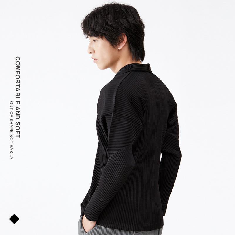T-shirt mens pleated lapel casual collared color solid
