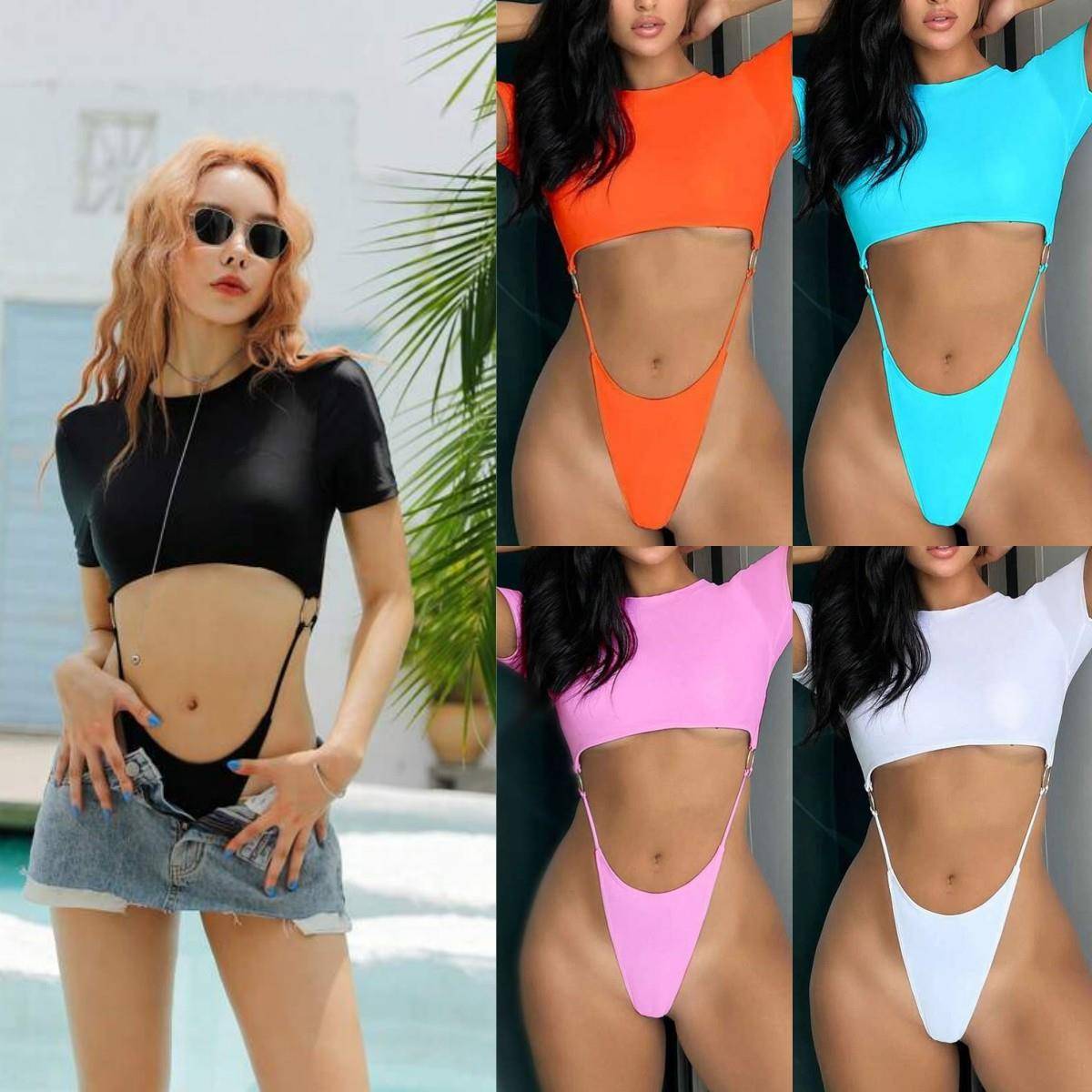 Swimsuit Sleeve Short Girl Hot Bikini One-Piece Sexy Thong