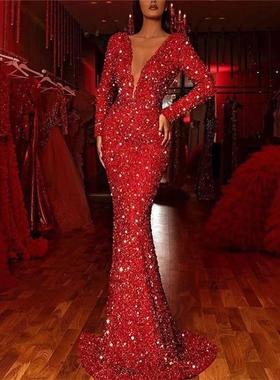 skirt long dress V-neck sleeves long sparkly red edge