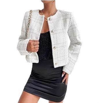 Womens Plaid Pattern Button Front Coat Elegant Round Neck