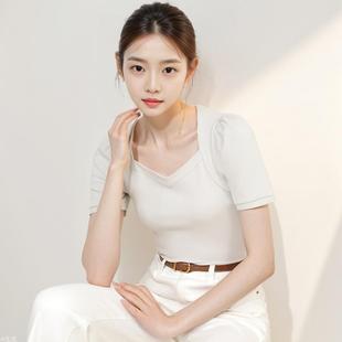 Cotton Womens Top Square Slim Bottom shirt Threaded