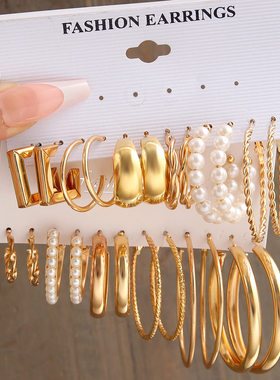 earrings women 金属耳圈复古耳饰赫本风耳环套装6件套earring